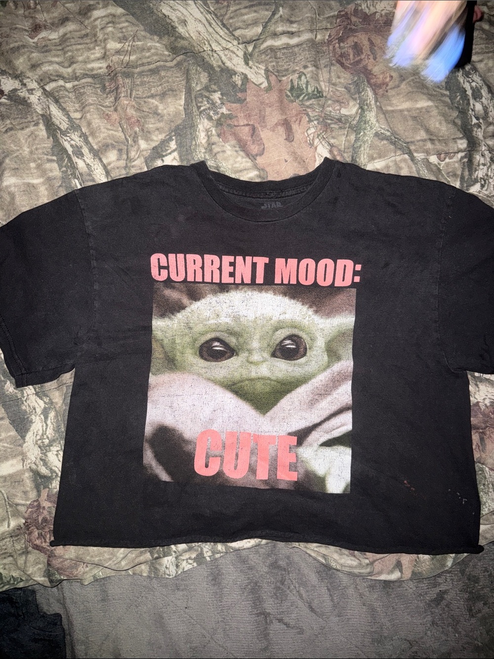 Star Wars Black Crop Tee with Green Baby Yoda and Pink Text